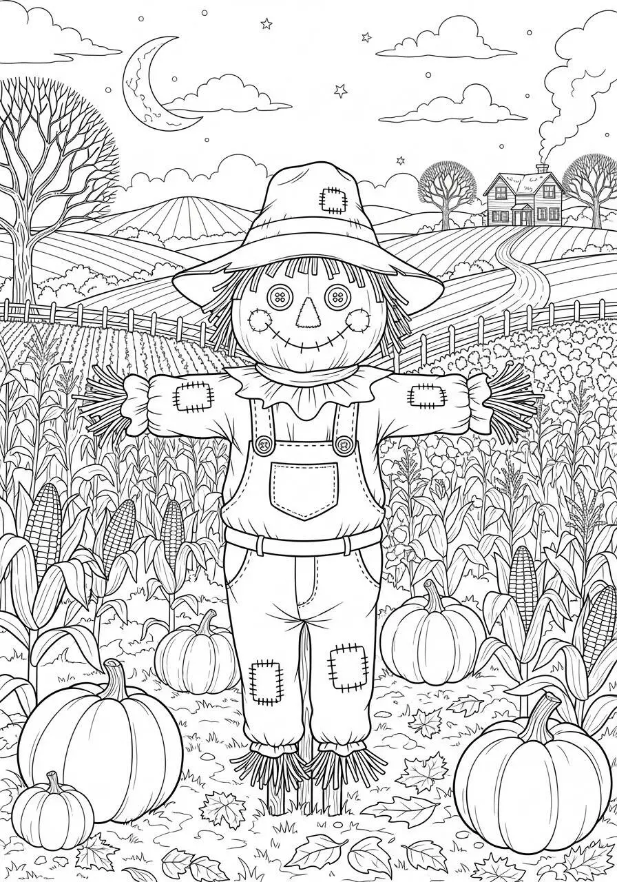 Autumn Coloring Page with Scarecrow and Pumpkins