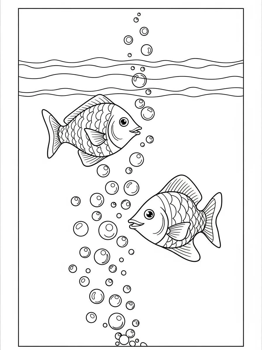 Página para colorear de peces jugando con burbujas