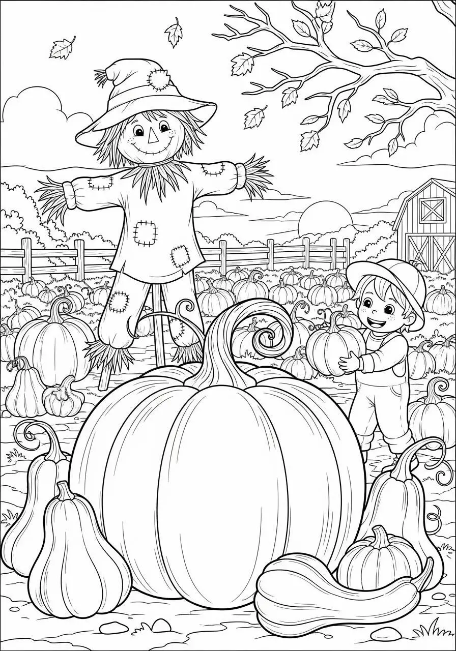 Desenho de Outono com Abóbora e Espantalho para Colorir