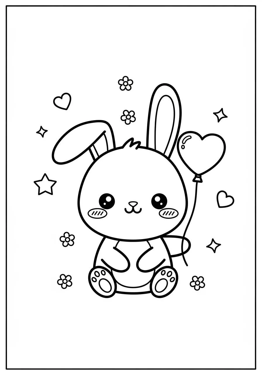 Desenho Kawaii de Coelhinho com Balão e Corações para Colorir