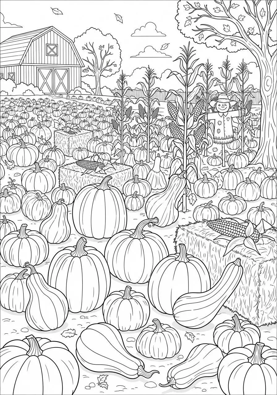 Desenho de Outono com Abóboras e Milho para Colorir