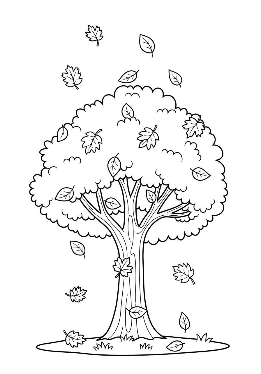 Desenho de Outono com Árvore e Folhas a Cair para Colorir