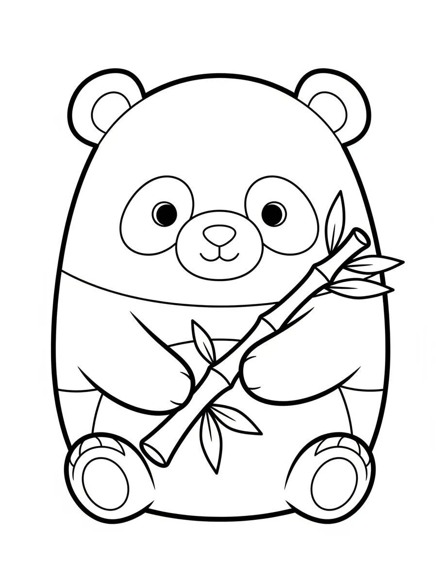 Desenho de Squishmallow Panda Fofo com Bastão de Bambu para Colorir