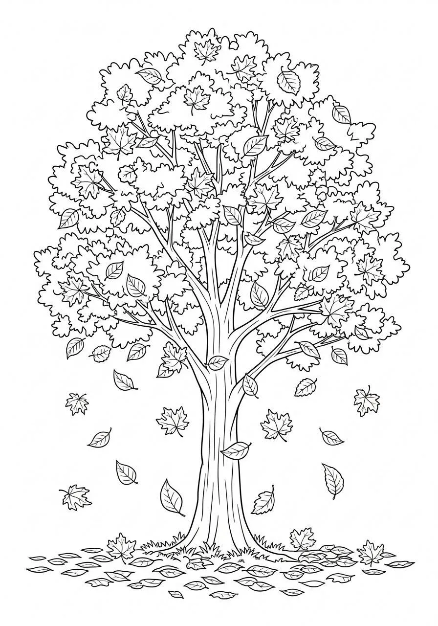 Desenho de Outono com Árvore e Folhas a Cair para Colorir