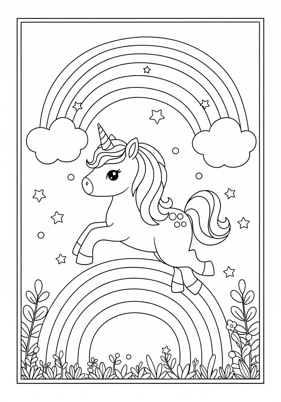 Coloriage Licorne sauteuse Kawaii avec arc-en-ciel