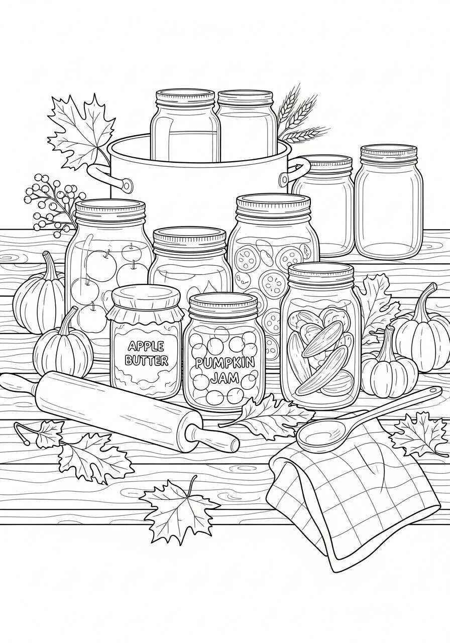 Desenho de Outono com Frascos de Conservas e Abóboras para Colorir