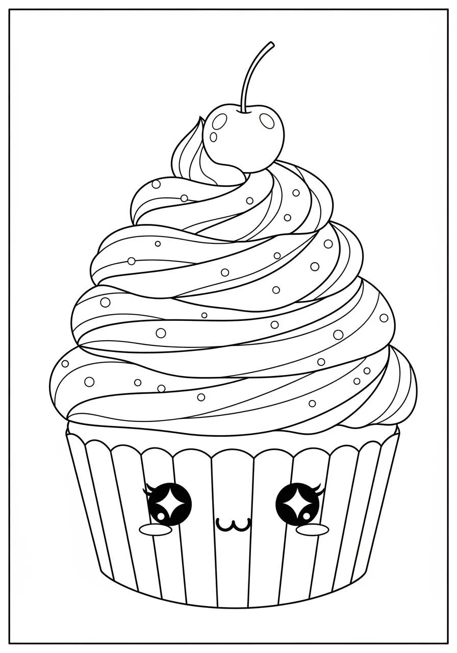 Desenho Kawaii de Cupcake Fofo para Colorir