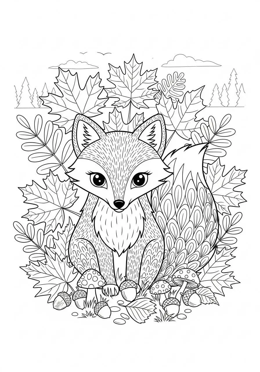 Desenho de Outono com Raposa entre Folhas e Cogumelos para Colorir