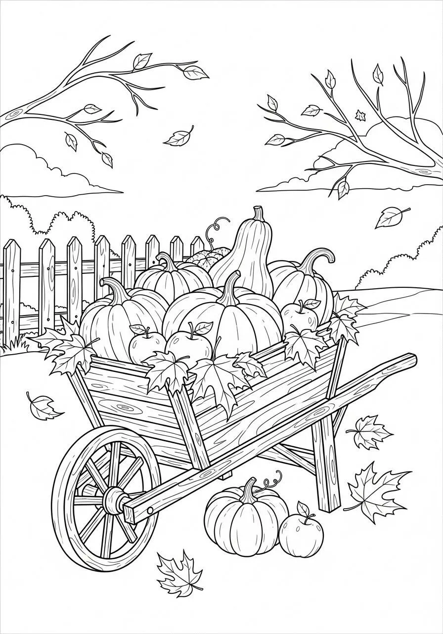 Desenho de Outono com Carrinho de Mão Cheio de Abóboras para Colorir