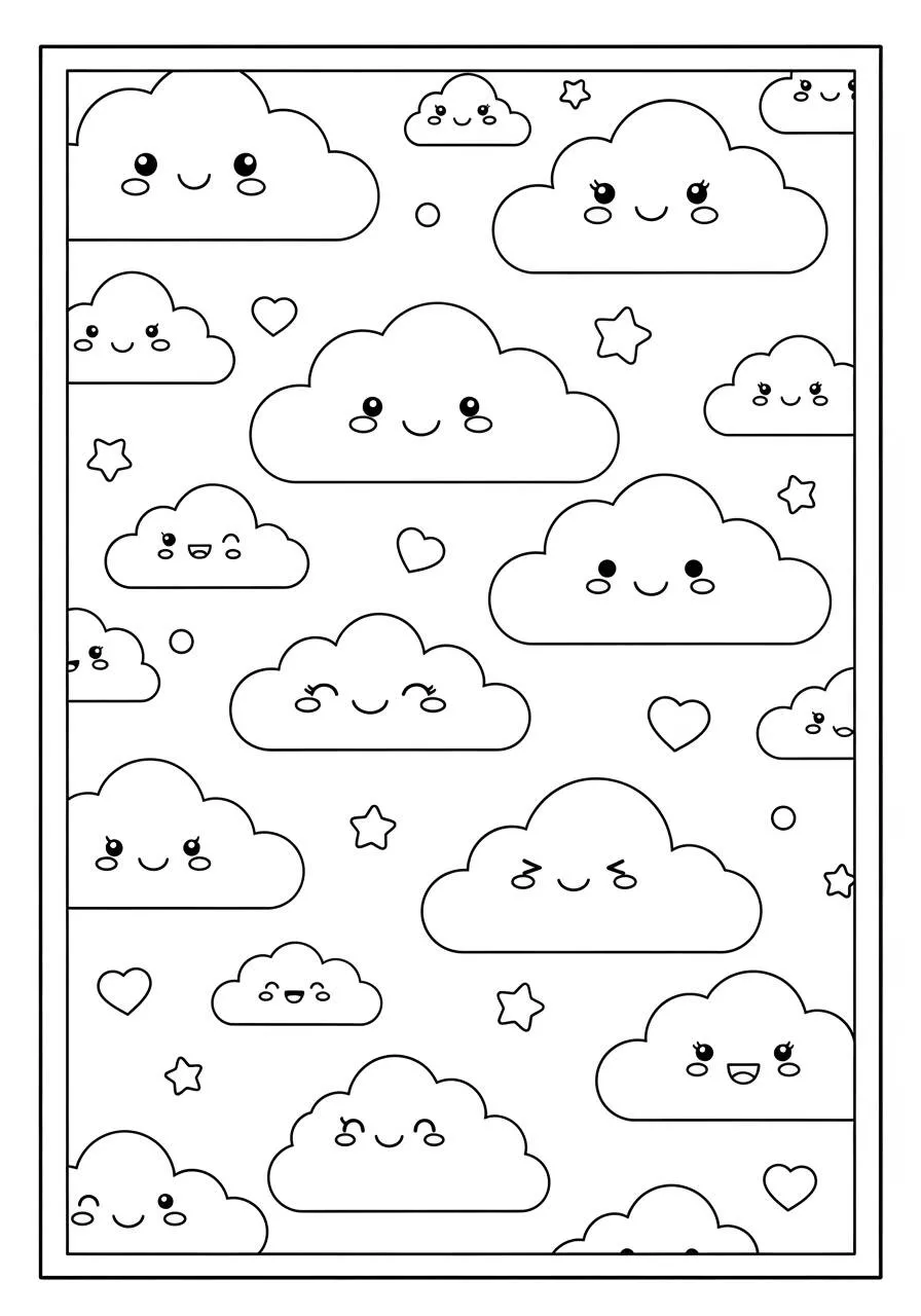 Desenho Kawaii de Nuvens Felizes para Colorir