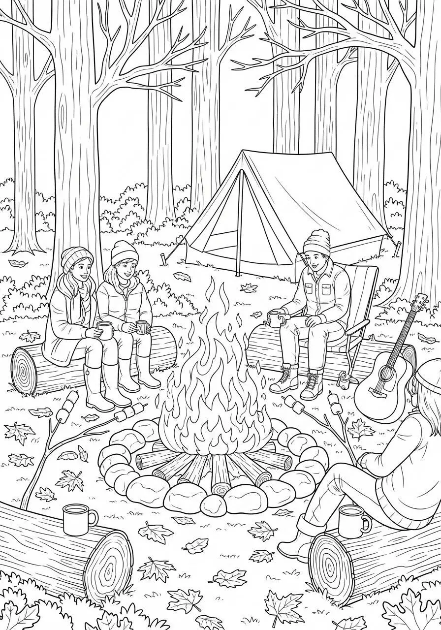 Dibujo de Otoño con Personas Alrededor de la Hoguera para Colorear