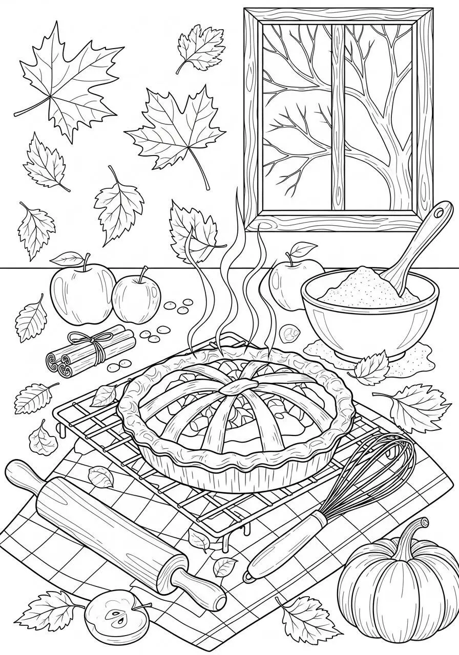 Dibujo de Otoño con Tarta de Manzana y Hojas Cayendo para Colorear