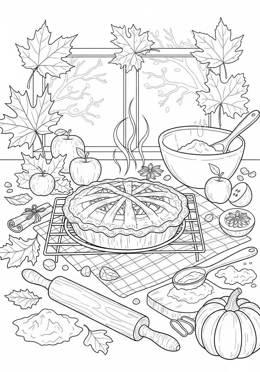 Página para colorear de otoño con tarta de manzana y hojas