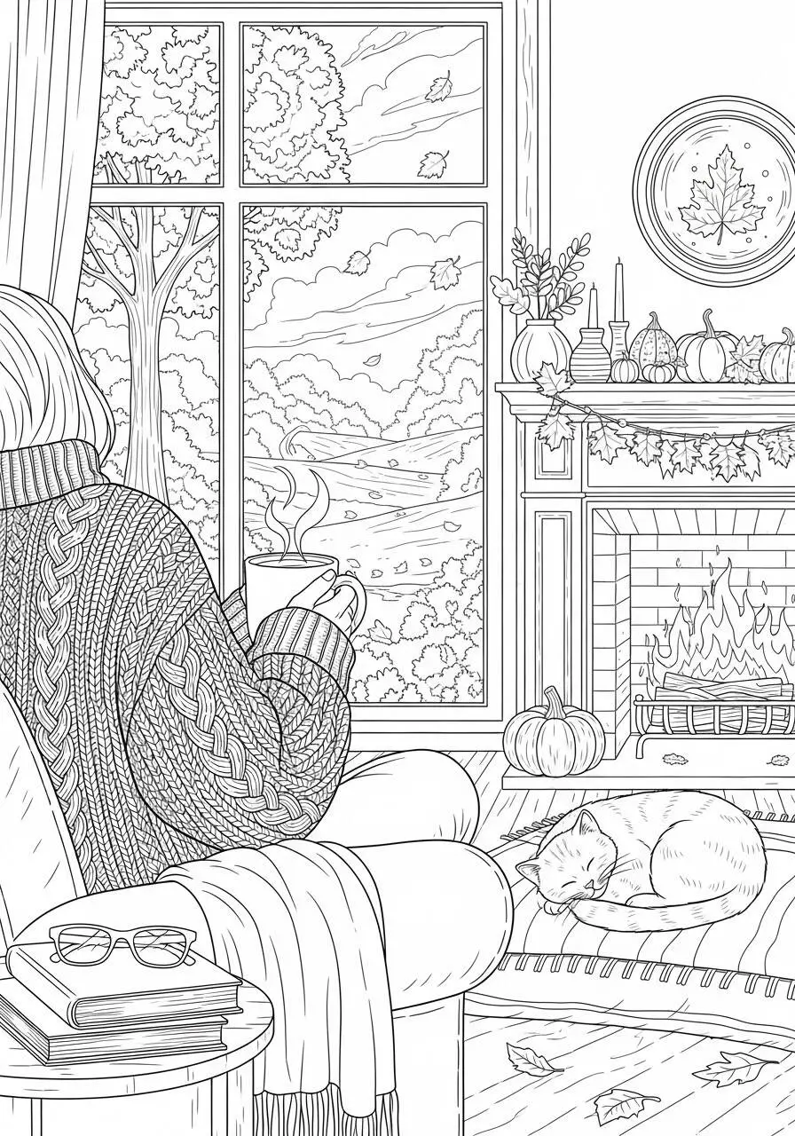 Dibujo otoñal con persona disfrutando del calor de la chimenea para colorear