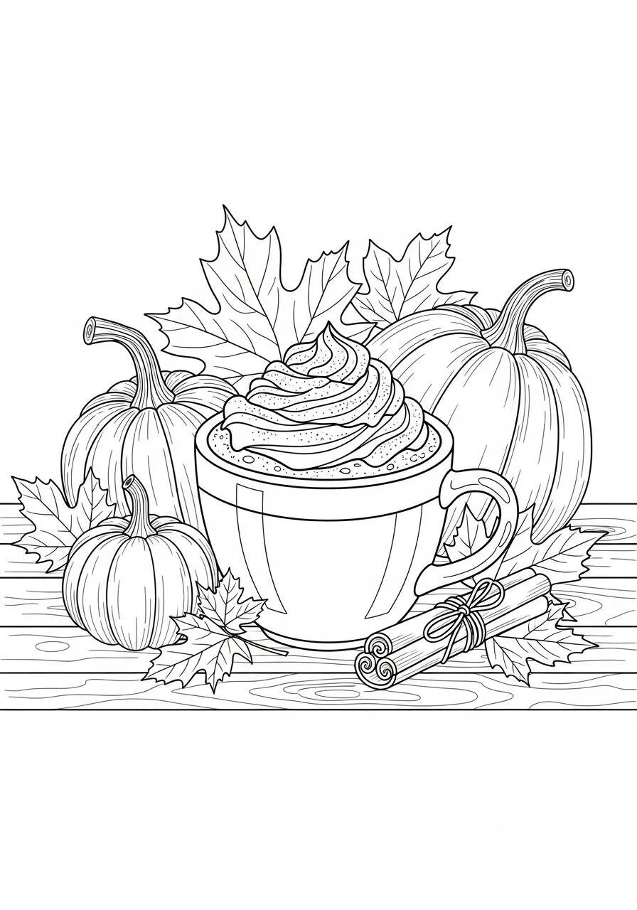 Página para colorear de otoño con taza de chocolate caliente y calabazas