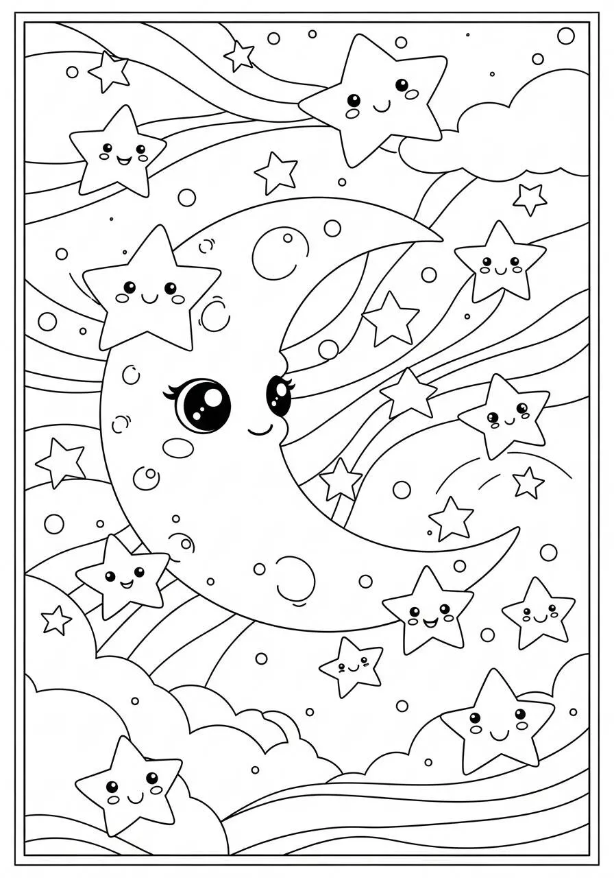 Desenho Kawaii de Lua Sorridente com Estrelas para Colorir