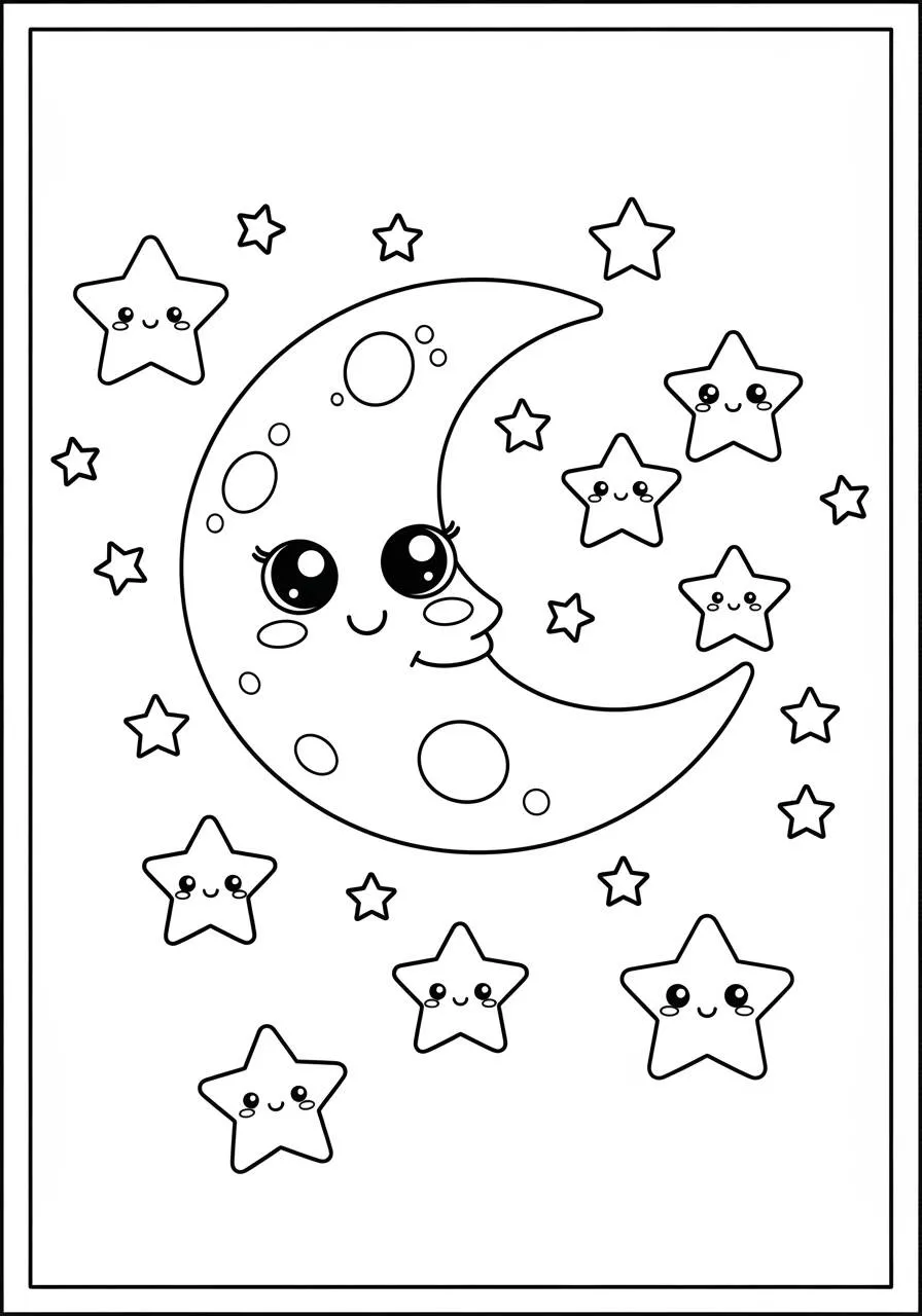 Desenho Kawaii de Lua Sorridente com Estrelas para Colorir
