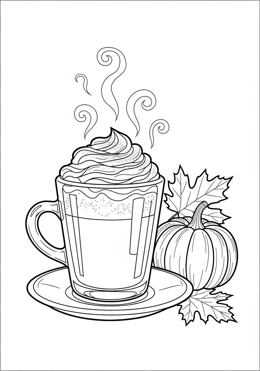 Página para colorear de otoño con taza de bebida caliente y calabaza