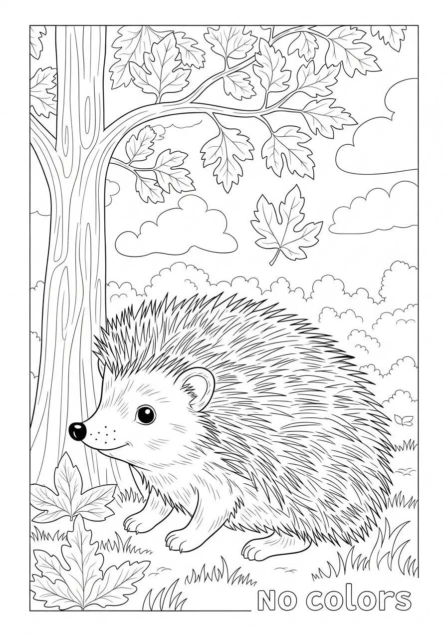 Dibujo de Otoño con Erizo y Hojas Cayendo para Colorear