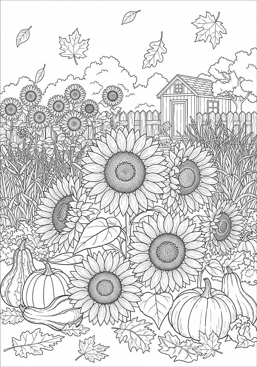 Página para colorear de otoño con girasoles y calabazas
