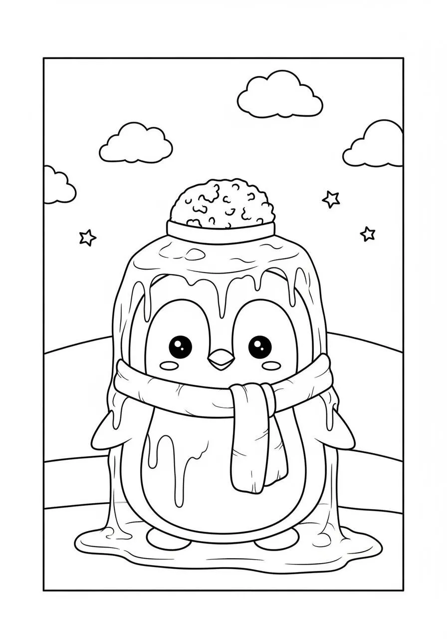 Desenho Kawaii de Pinguim Fofo com Gelatina para Colorir