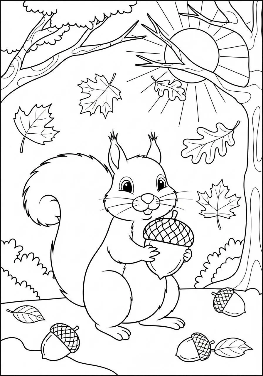 Página para colorear de otoño con ardilla y bellotas