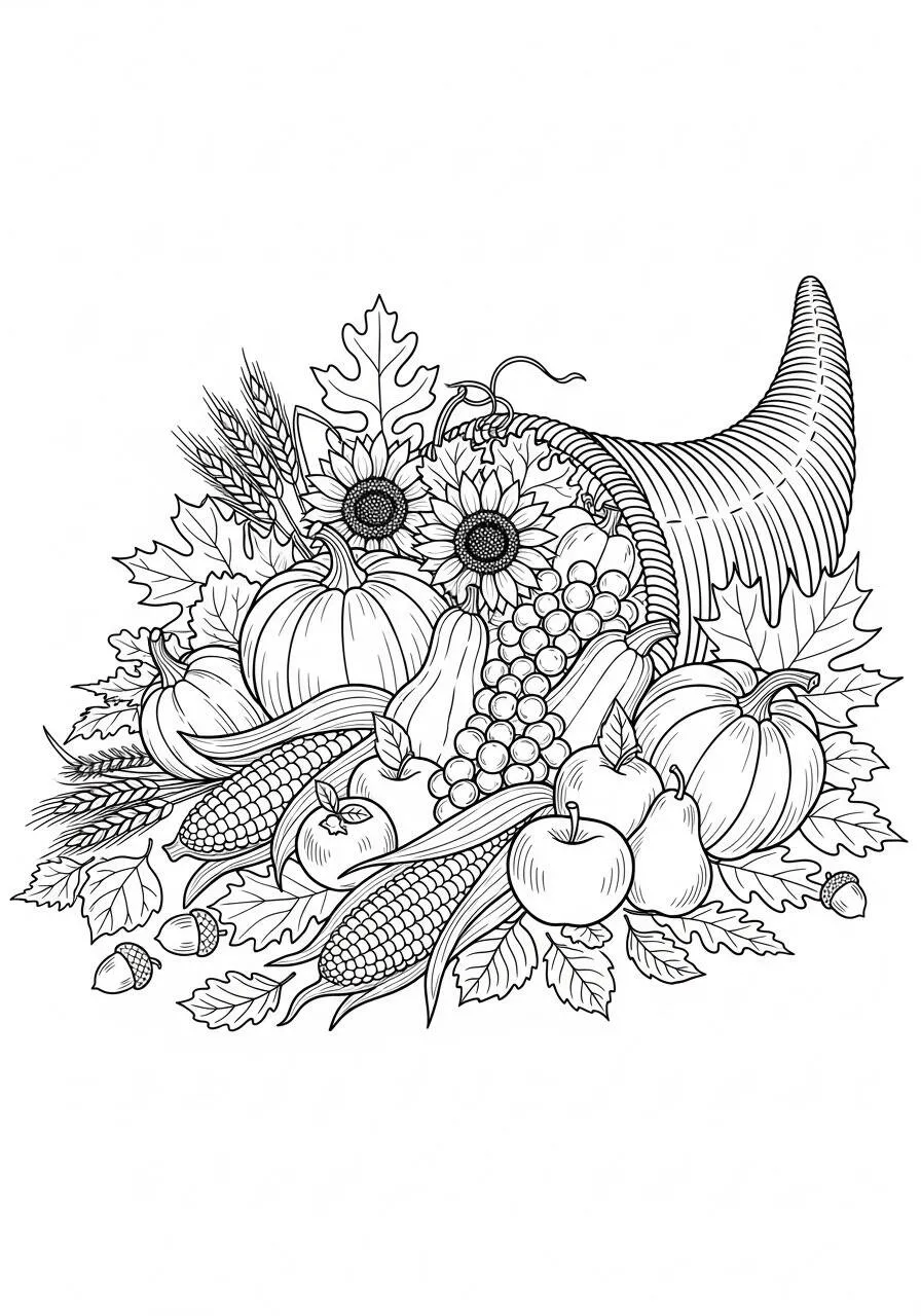 Dibujo de Otoño con Cornucopia Llena de Frutas y Hojas para Colorear
