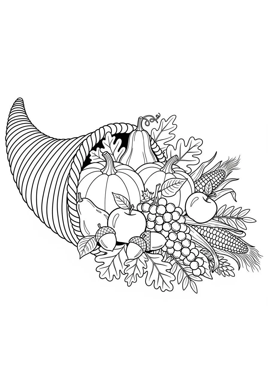 Dibujo de Otoño con Cornucopia Llena de Frutas y Verduras para Colorear