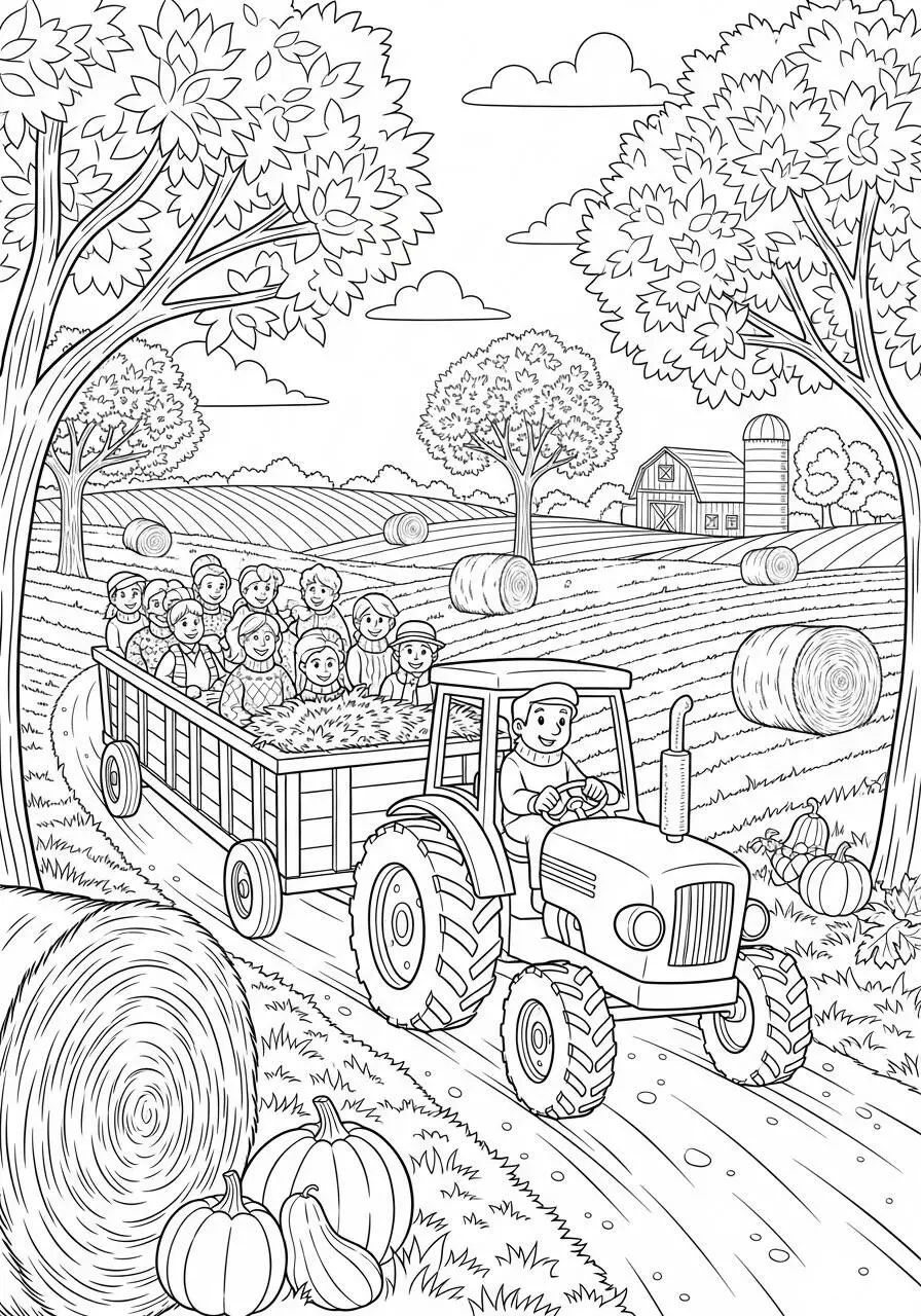 Página para colorear de otoño con tractor y cosecha de calabazas