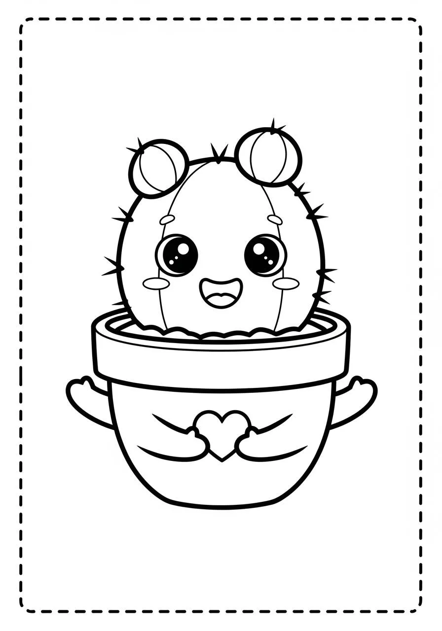 Disegno Kawaii di un cactus carino con una faccia felice da colorare