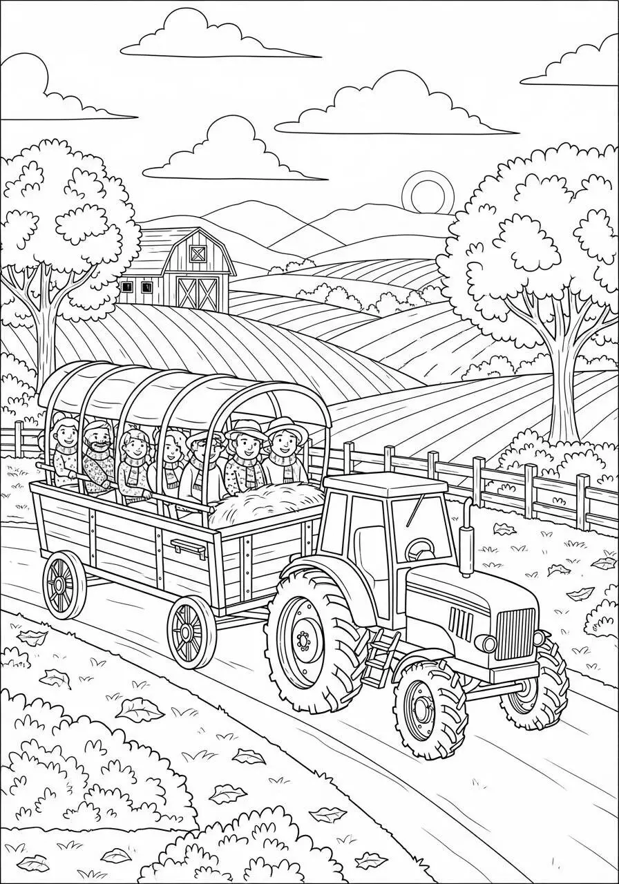 Dibujo otoñal con tractor y niños en un paseo para colorear