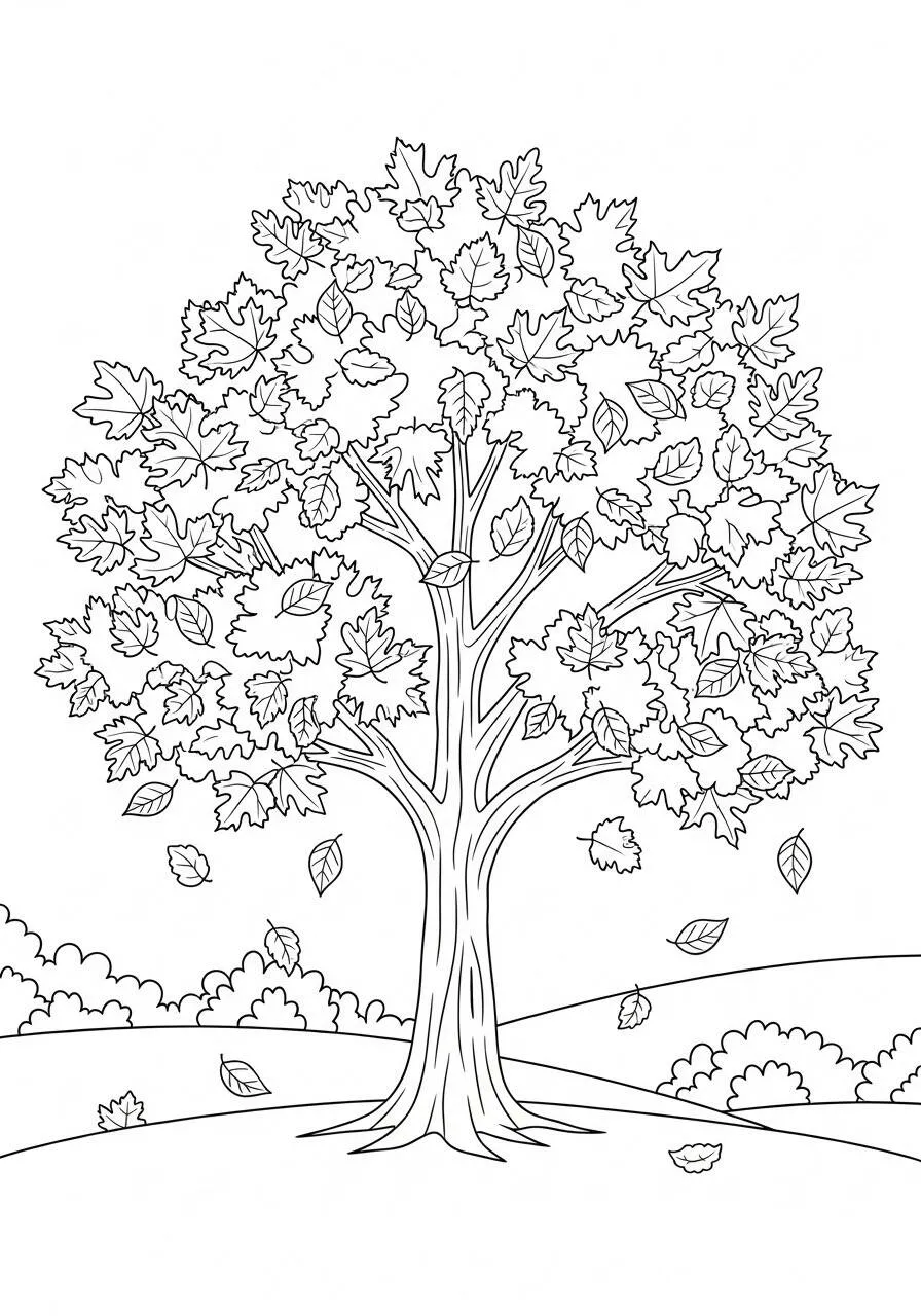 Dibujo de Otoño con Árbol y Hojas Cayendo para Colorear