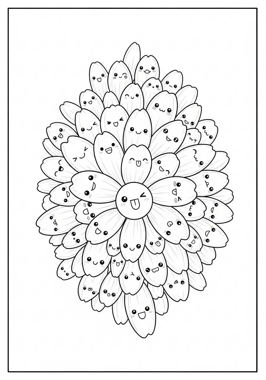 Pagina da colorare di fiori sorridenti kawaii