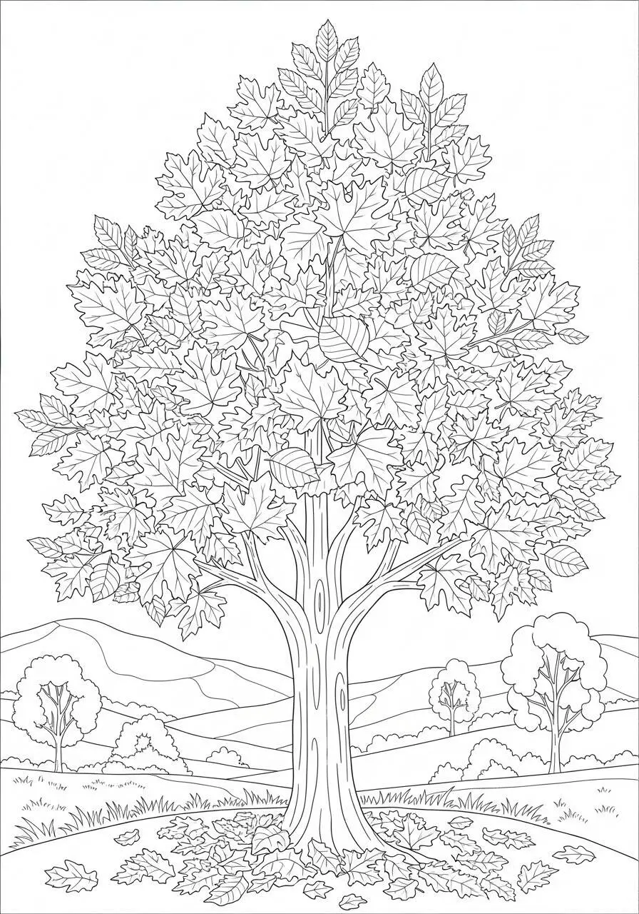 Dibujo de Otoño con Árbol Lleno de Hojas para Colorear