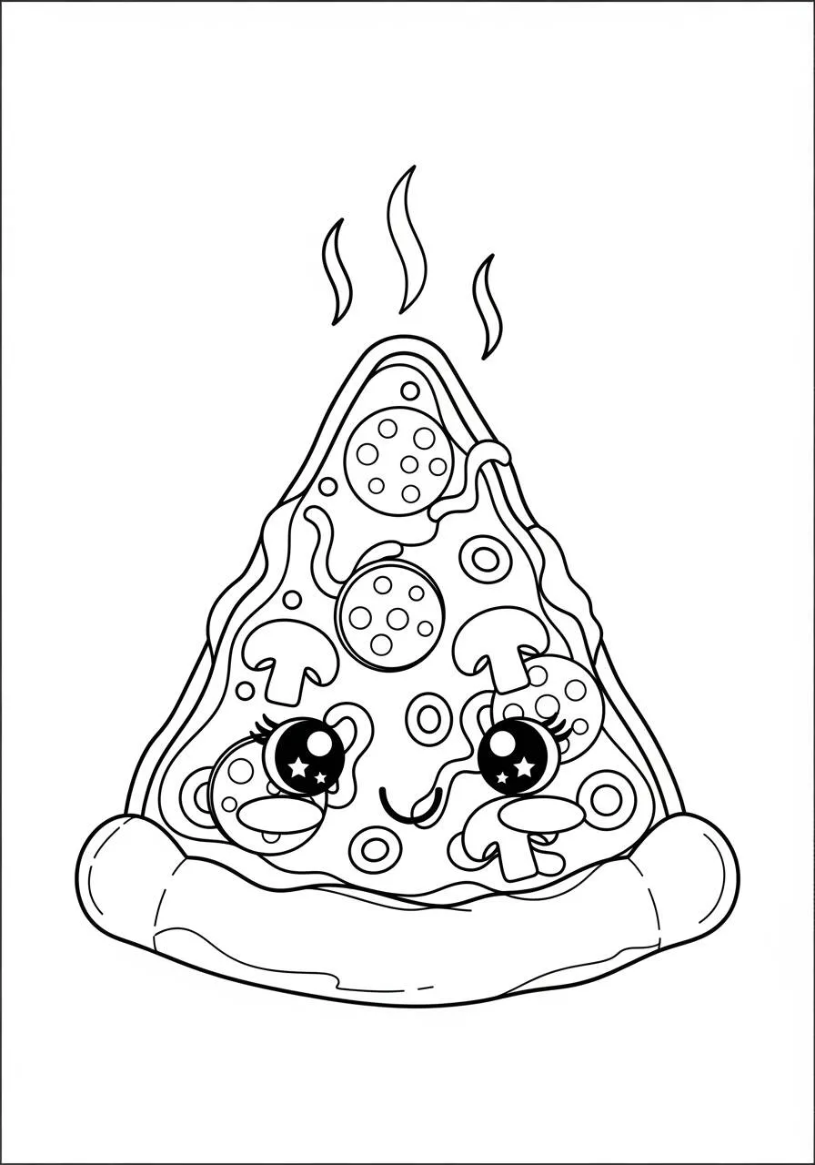 Pagina da colorare di fetta di pizza carina Kawaii