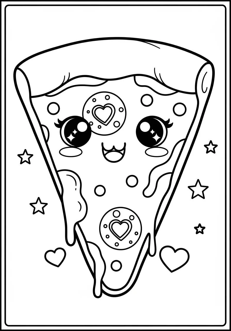 Pagina da colorare di pizza carina Kawaii