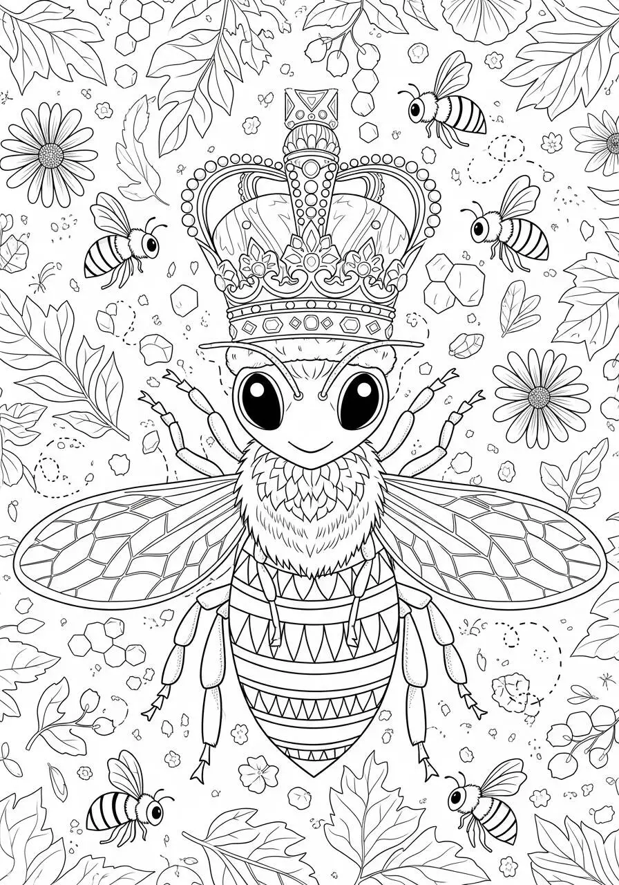 Dibujo para colorear de abeja reina con corona