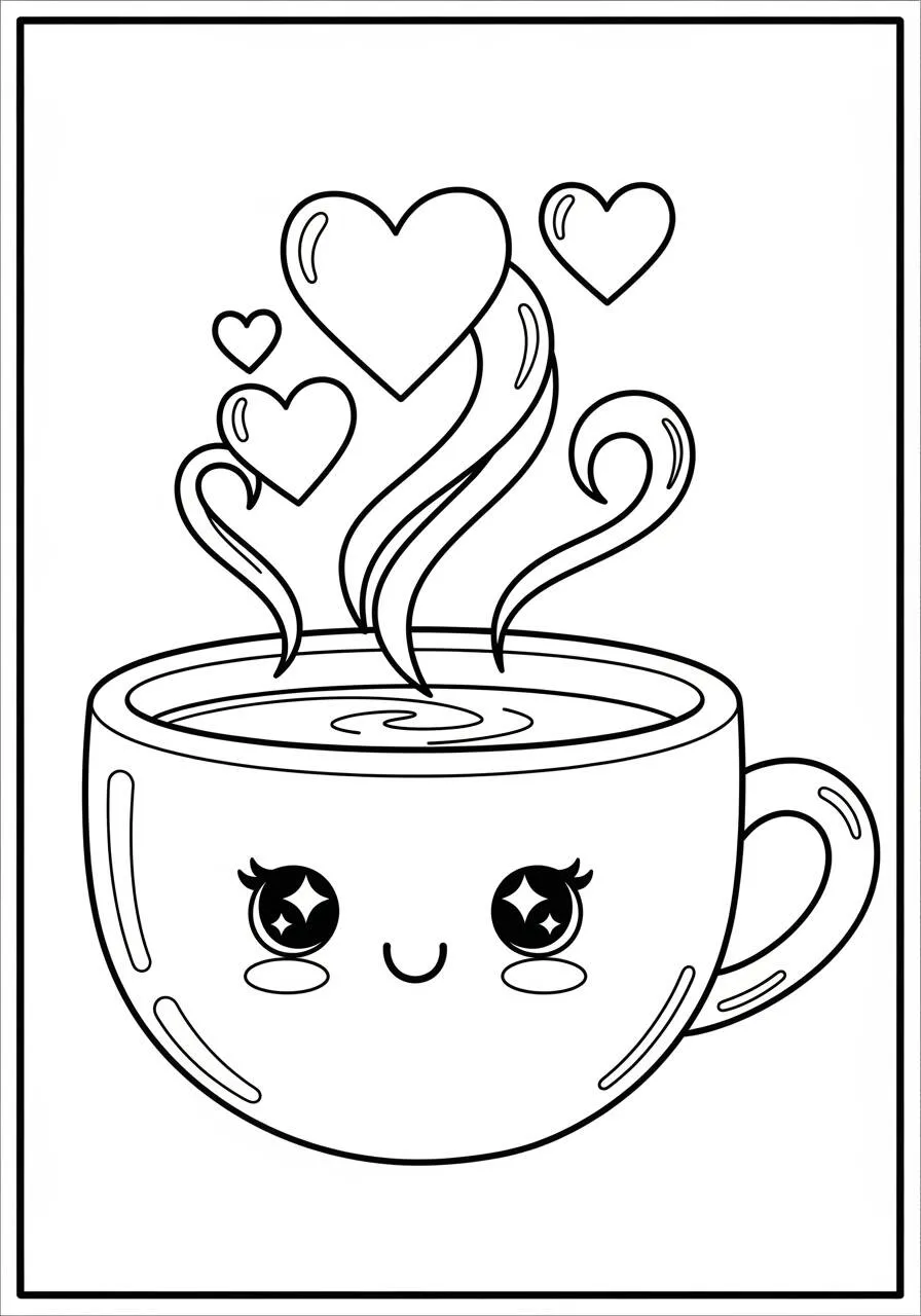 Desenho Kawaii de Caneca Fofa com Corações para Colorir