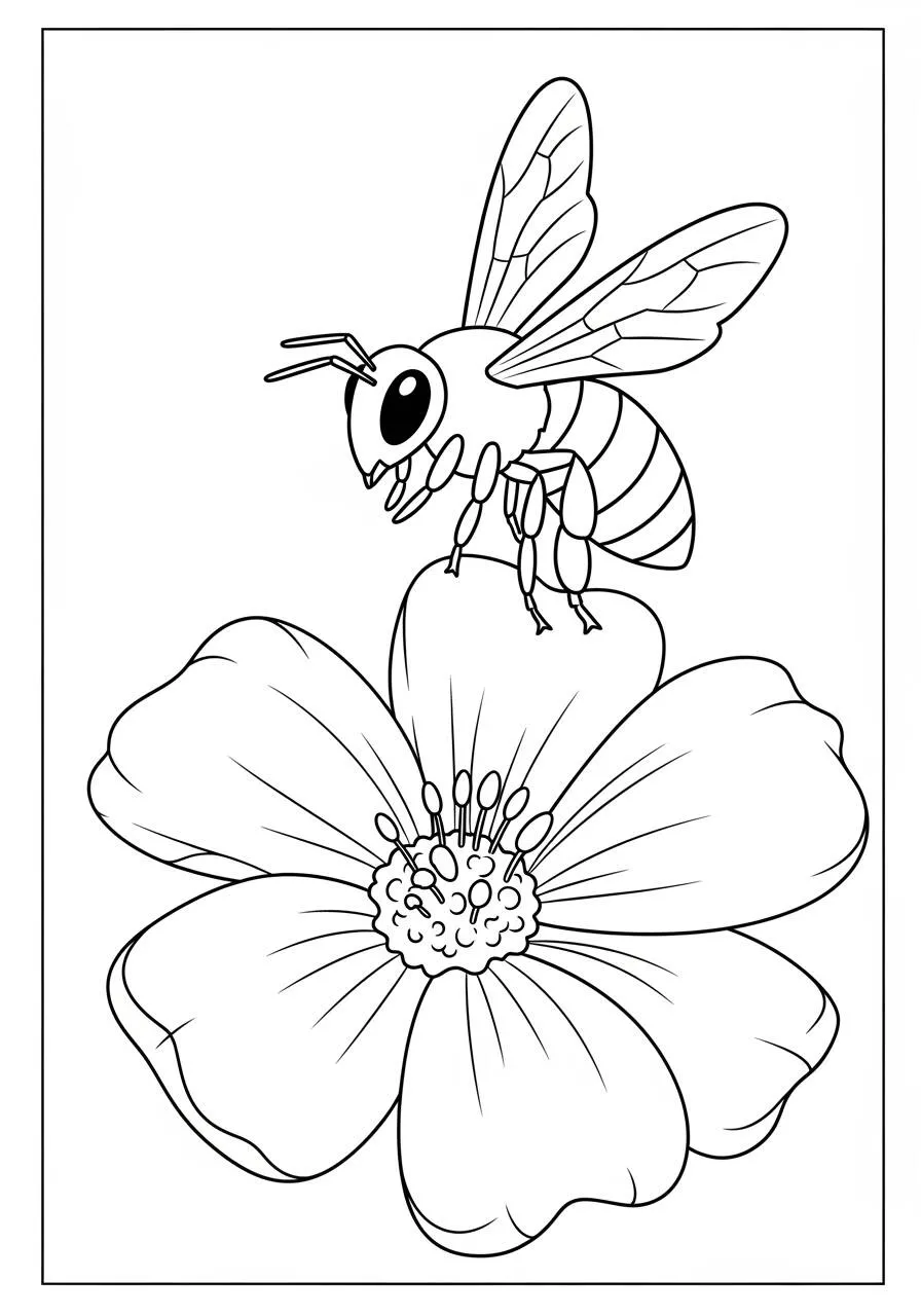 Precioso dibujo para colorear con una abeja en flor.