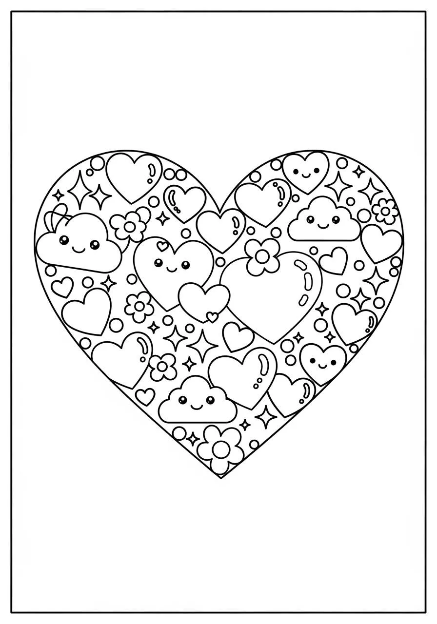 Desenho Kawaii de Coração com Carinhas Felizes para Colorir