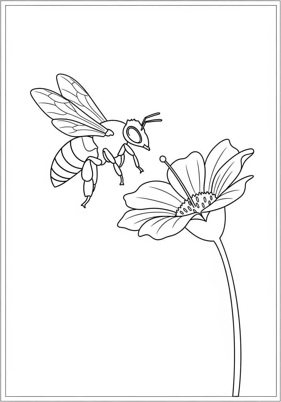 Página para colorear de abeja volando sobre una flor