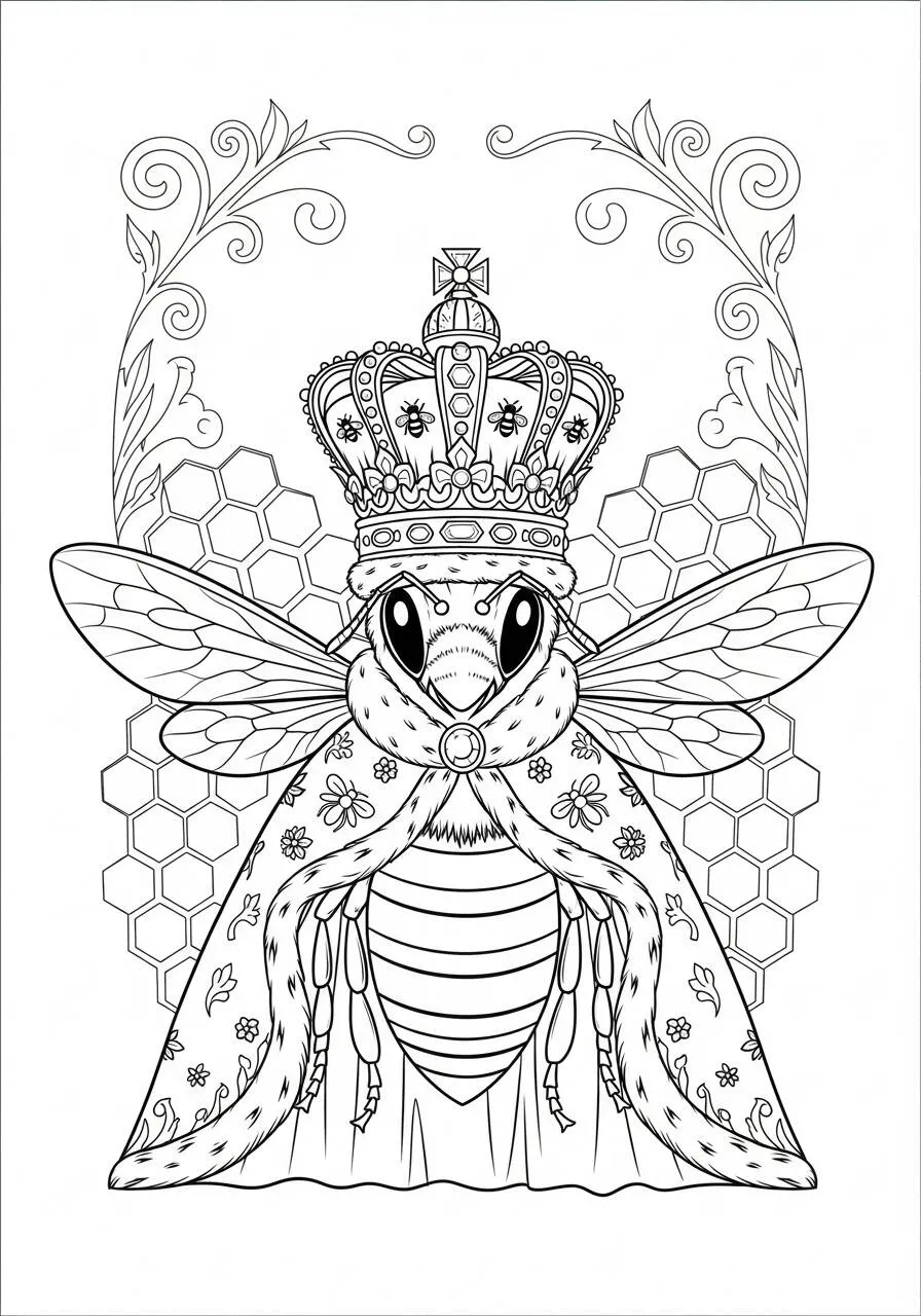 Abeja reina con corona y colmena para colorear