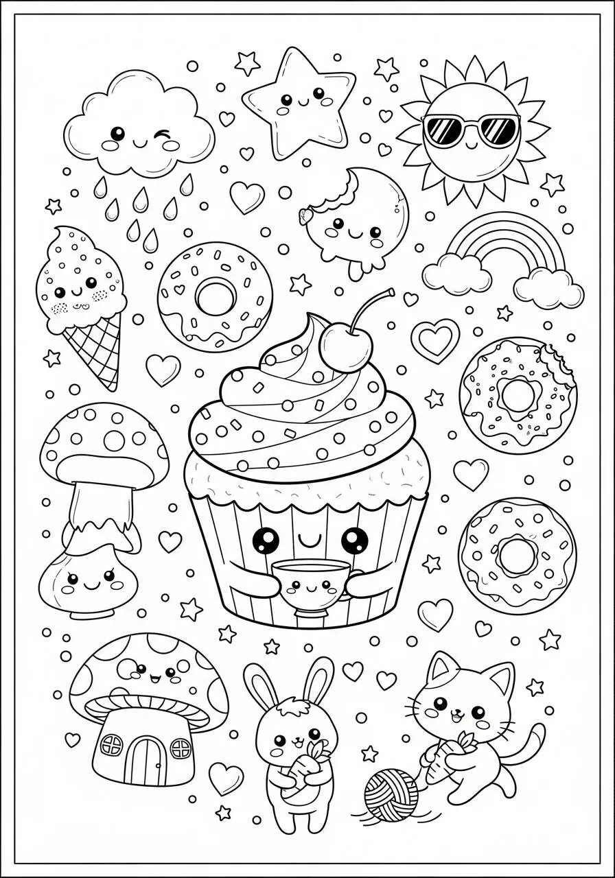 Desenho Kawaii de Cupcake Fofo com Doces e Animais para Colorir