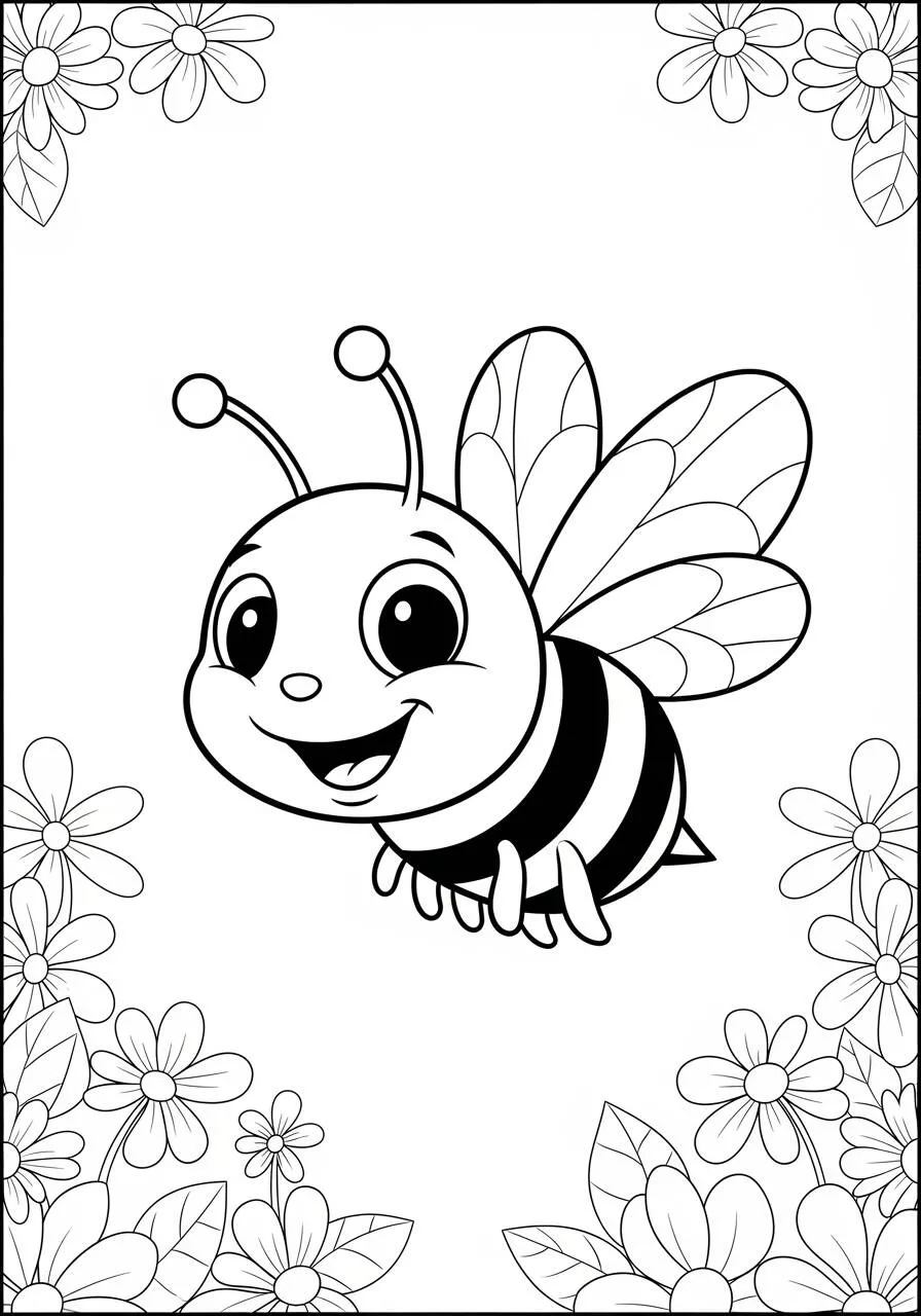 Abeja sonriente entre flores Dibujo para colorear