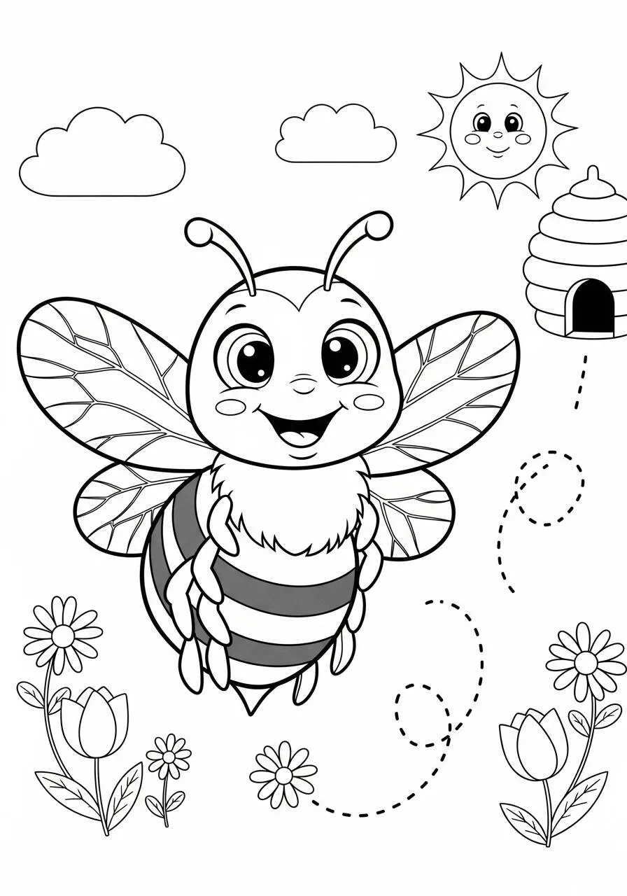 Página para colorear de abeja feliz volando con flores y colmena