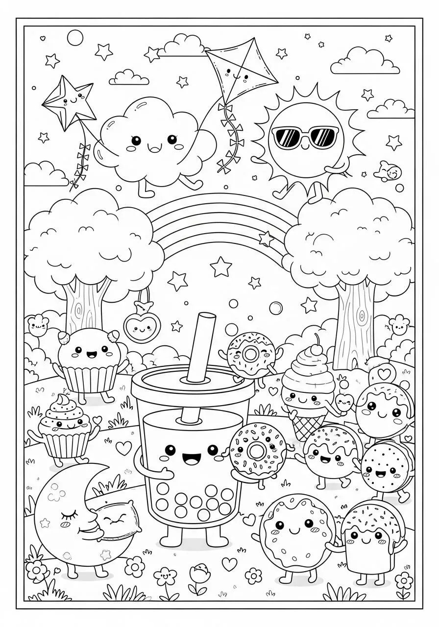 Desenho Kawaii de Bebida com Boba e Doces Fofos para Colorir