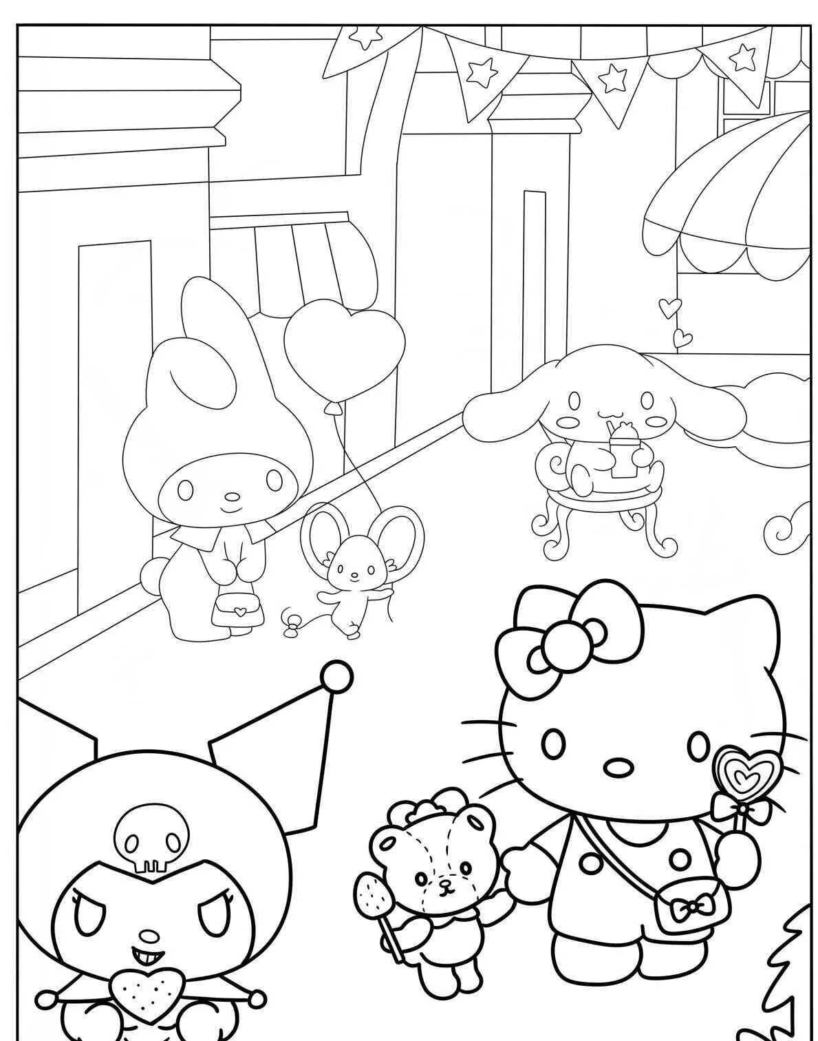 Desenho Kawaii de Hello Kitty com Ursinho para Colorir