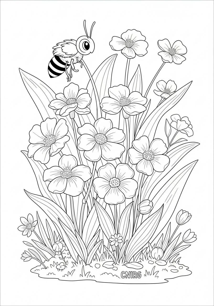 Abeja Jugando Entre flores Dibujo para colorear