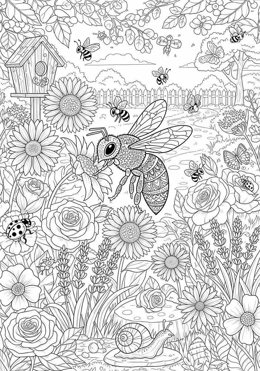 Dibujo para colorear de abeja polinizando flores en un jardín encantado