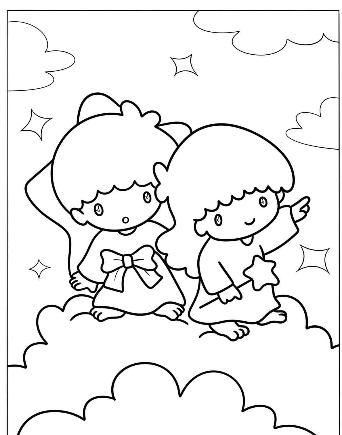 Desenho Kawaii de Meninas em Nuvens para Colorir